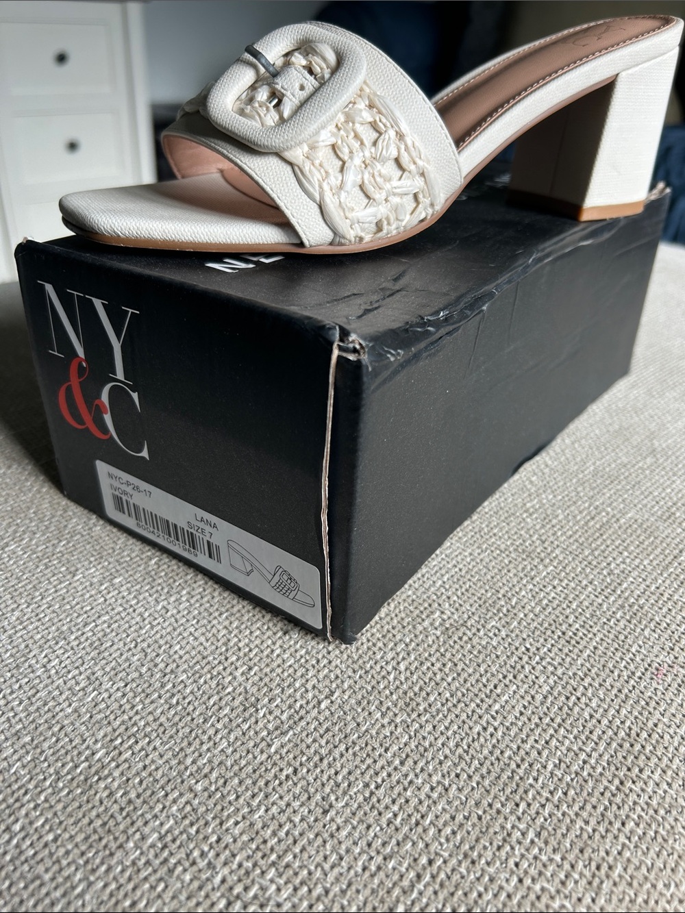 New York & Company Cream Braided Buckle Block Heel Slide